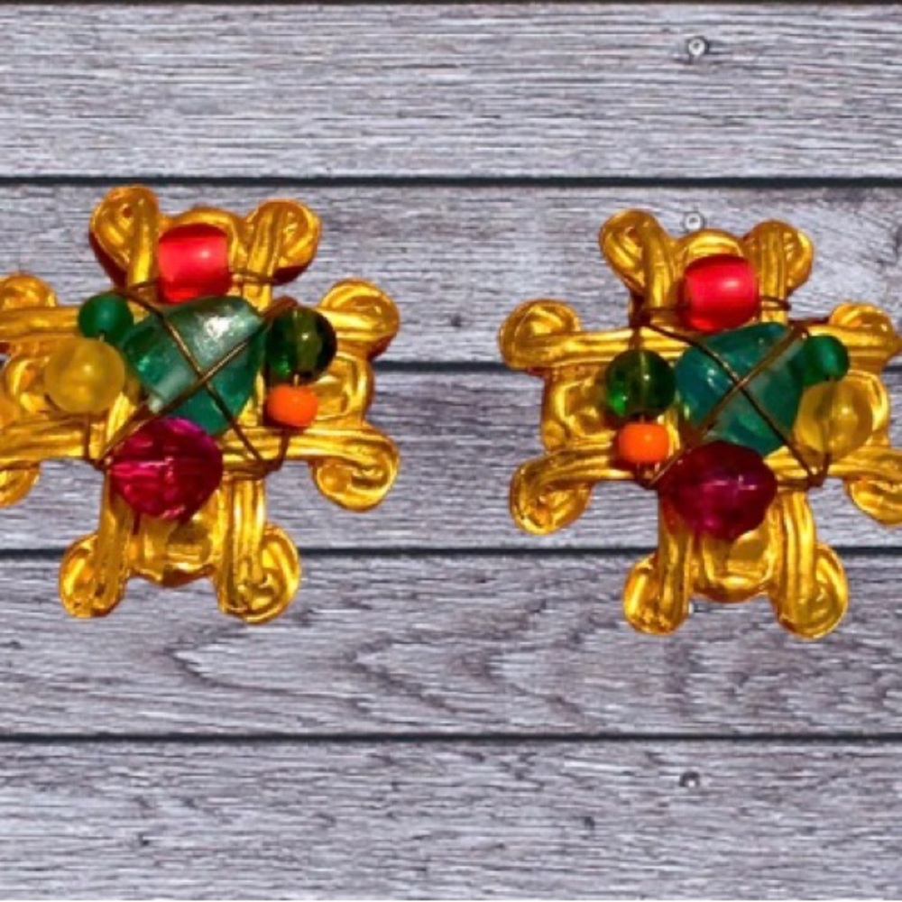 Maltese cross wire wrapped bright colors clip earrings